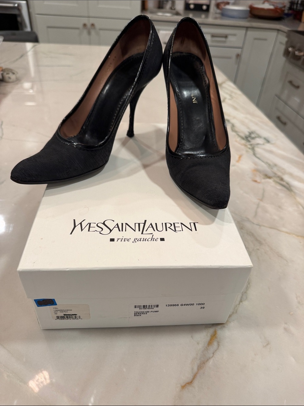 YSL Toledo Black Linen & Patent Pumps Sz 39 W/ BOX